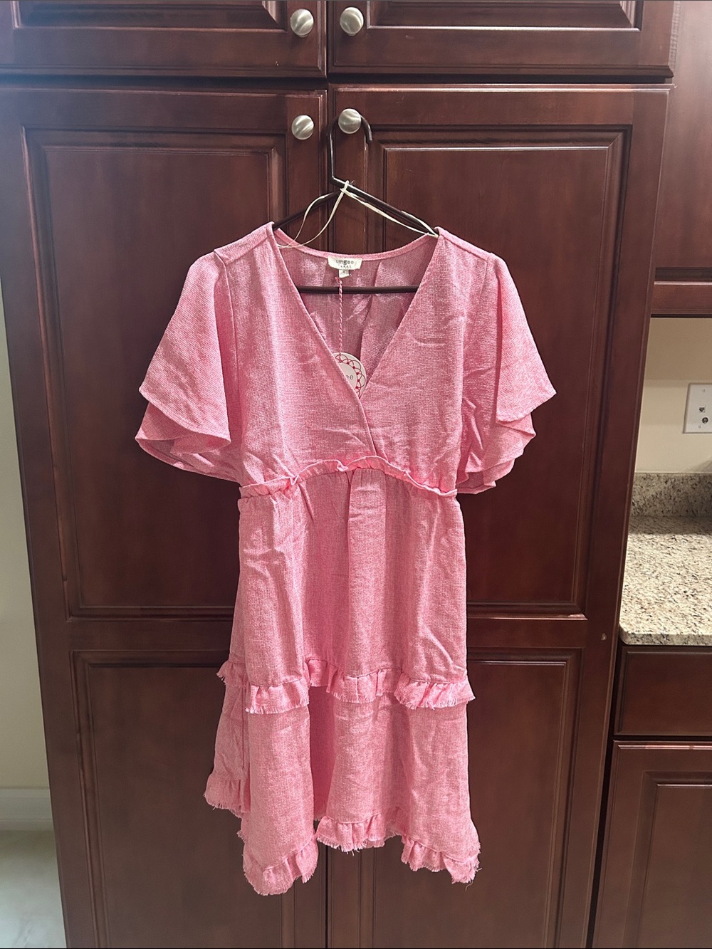 Umgee Pink Textured Tiered Dress with Distressed Hem